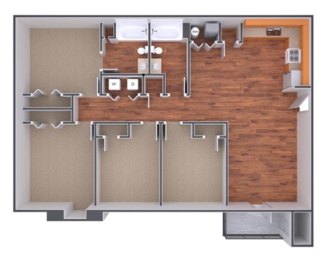 A floor plan of a room with a kitchen area, a living room, and a bathroom.